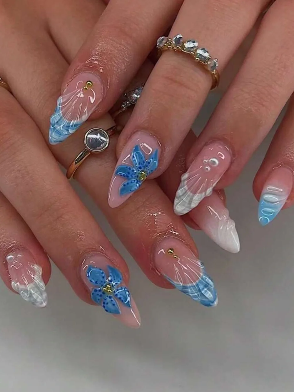 Blue Floral & Shell Almond Shaped Press On Nails
